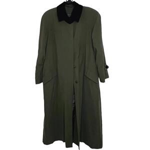 Vintage American Bazaar Women's Long Trench Coat Green w Velour Collar Size 12